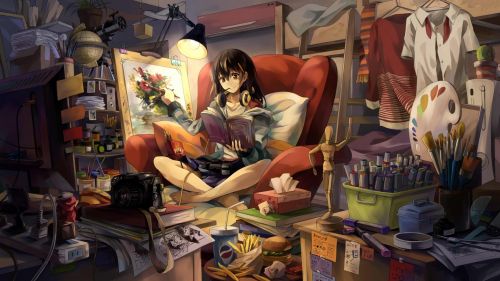 Anime girlg reading book on the couch HD Wallpaper