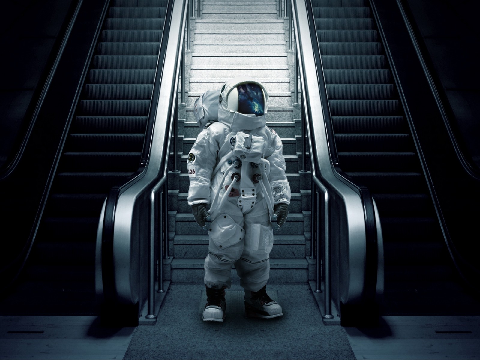 Astronaut at the escalators HD Wallpaper