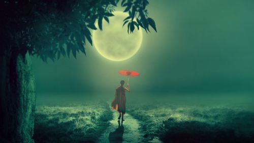 Boy with an umbrella at the fog HD Wallpaper