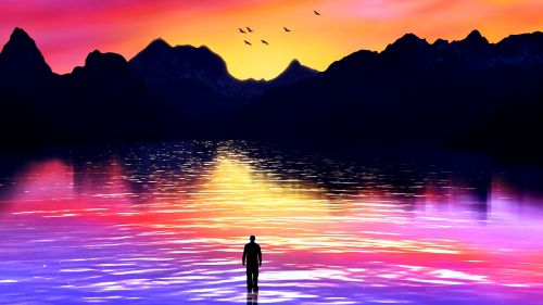 Silhouette wondeing at a colorfull sea HD Wallpaper