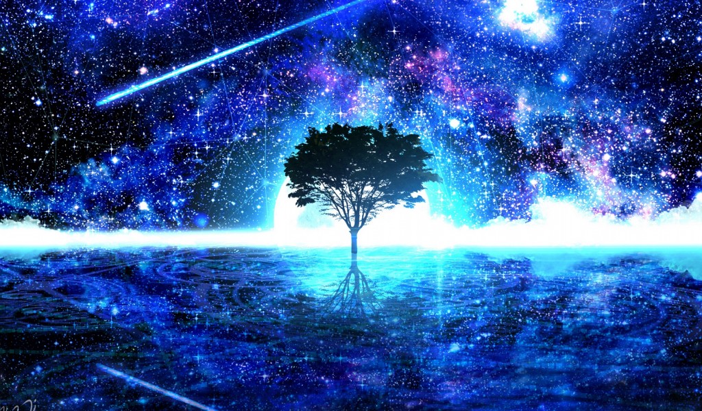 Tree under a starry sky HD Wallpaper