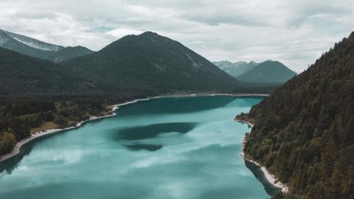 Aerial view of lake and mountains HD Wallpaper