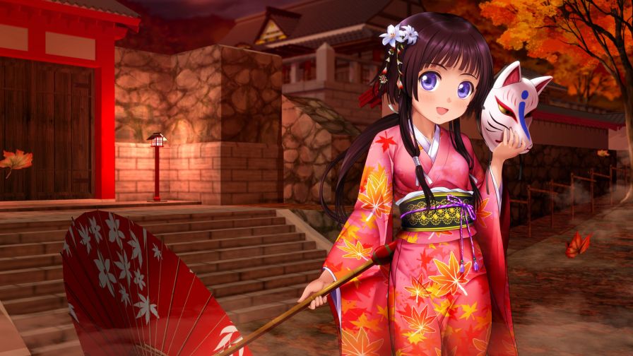 Anime Girl Kimono Umbrella Wallpaper for Desktop and Mobiles