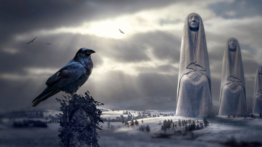 Bird starring at mystical sculptures HD Wallpaper