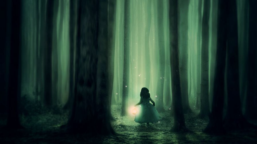 Child walking in a dark forest HD Wallpaper