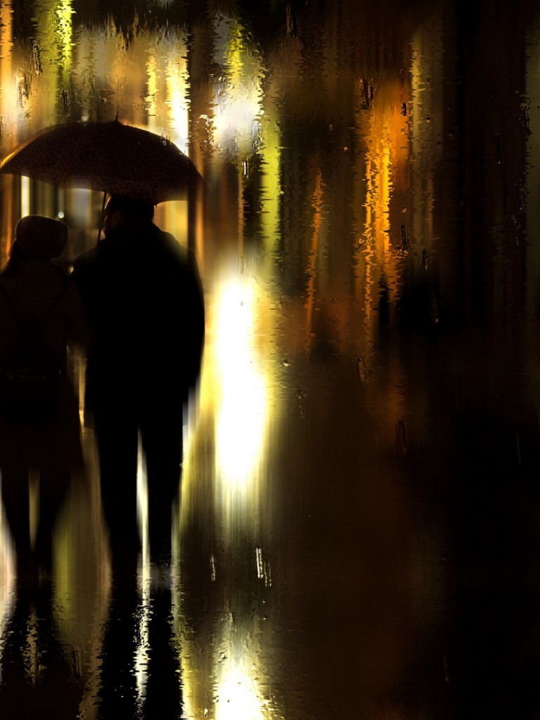 Coupl walking on a rainy night HD Wallpaper