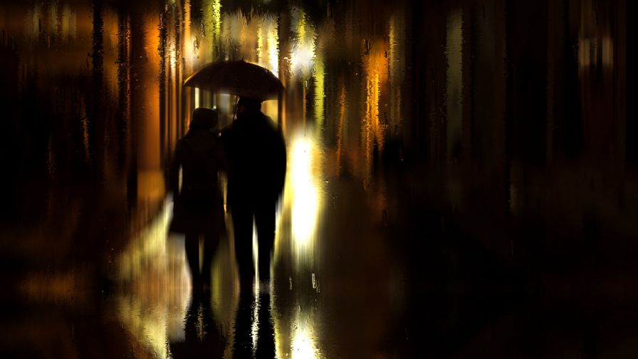 Coupl walking on a rainy night HD Wallpaper