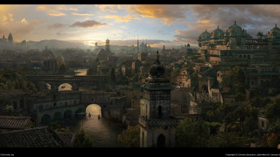 Fantasy medieval port city HD Wallpaper