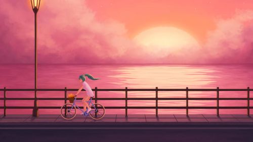 Girl cycling next to the sea HD Wallpaper