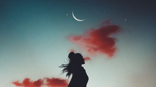 Girl's silhouette under the moon HD Wallpaper