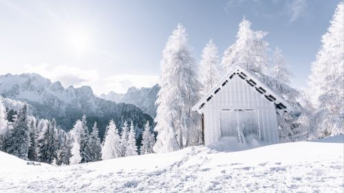 House at a snowy mountain HD Wallpaper