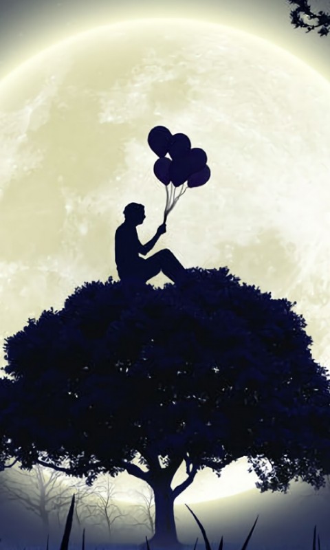 Man sitting on a tree with ballons on his hand HD Wallpaper