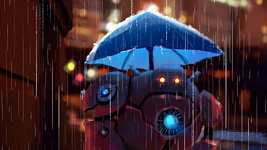 Robot under an umbrella HD Wallpaper