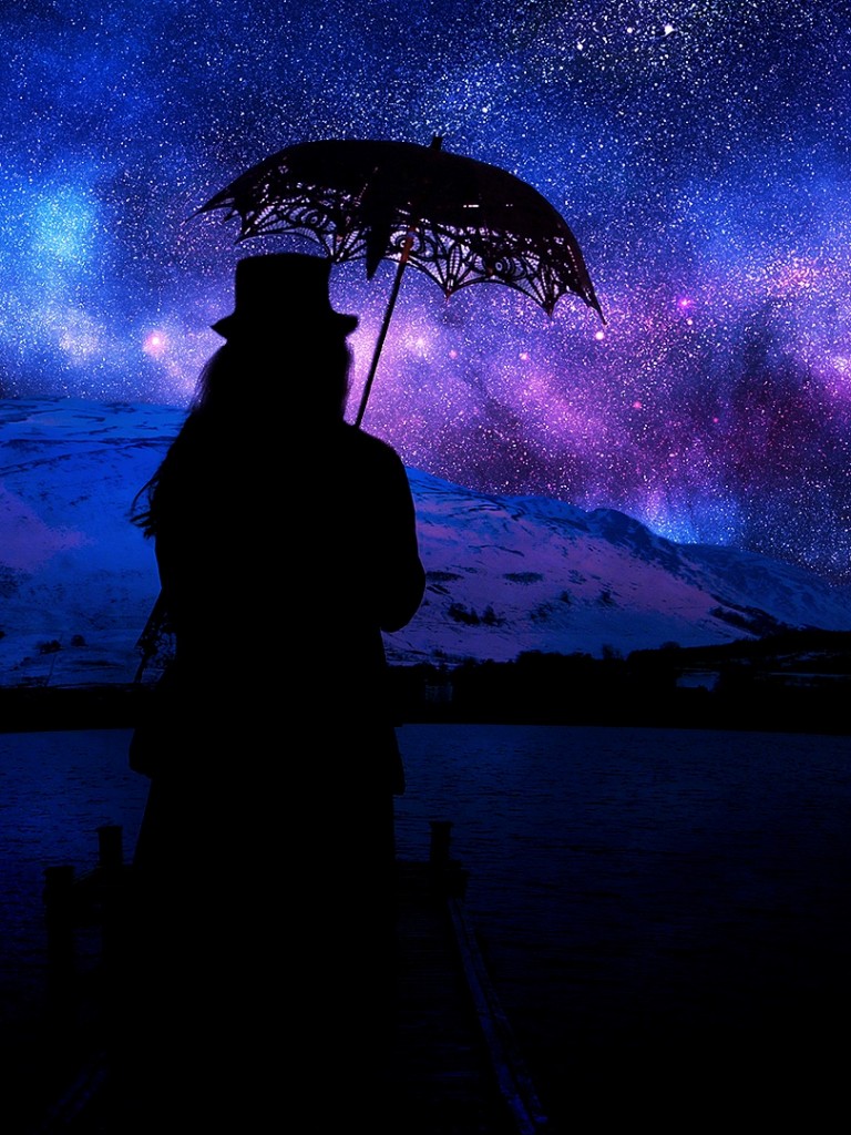 Silhouette with an umbrella HD Wallpaper