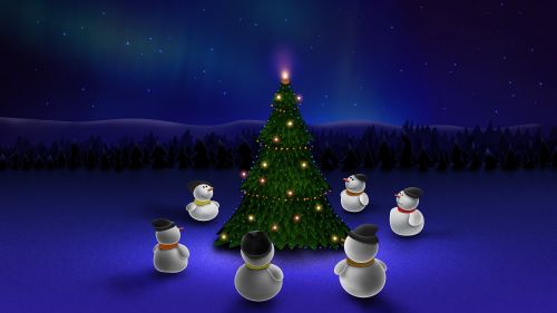 Snowman around Christmas tree HD Wallpaper